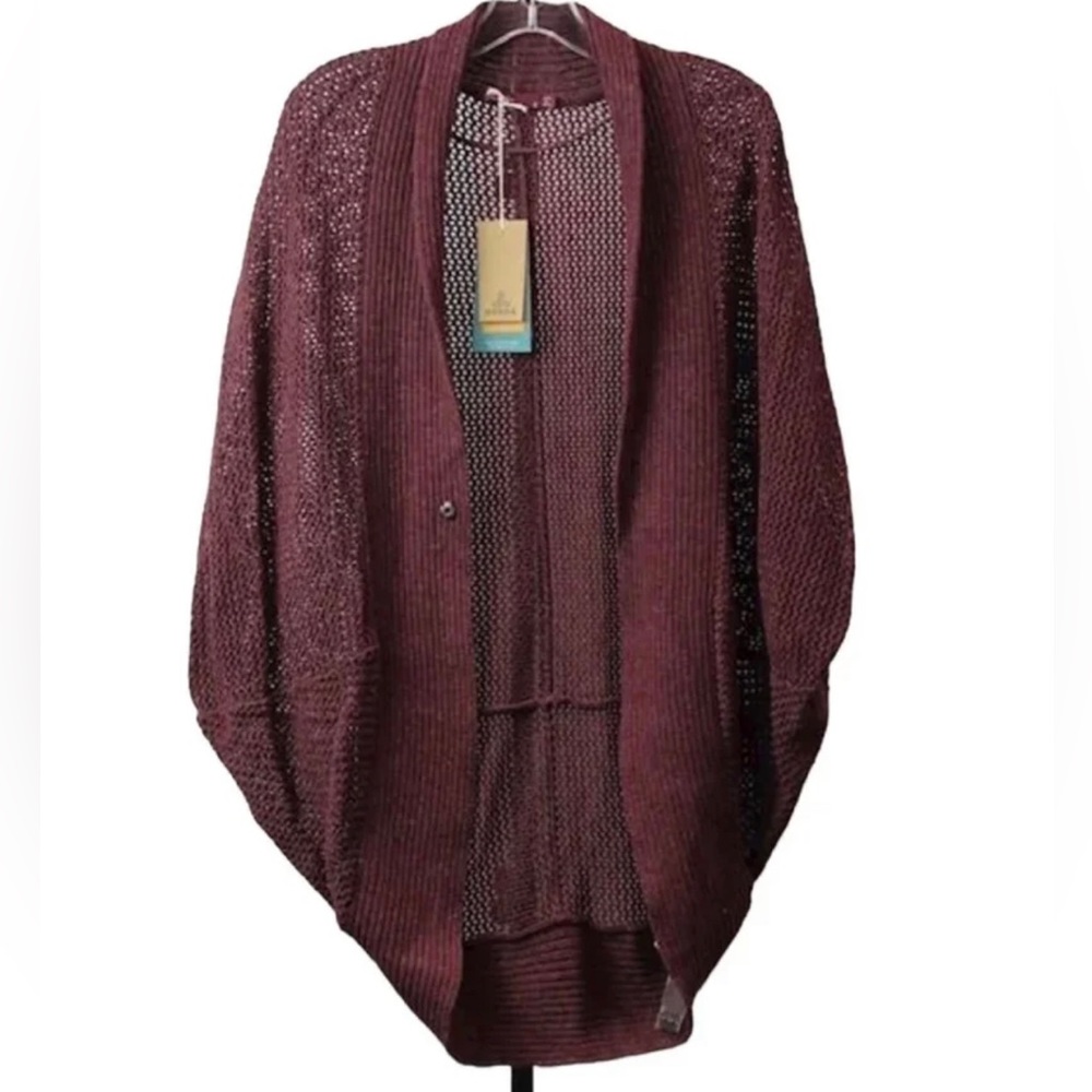 prAna NWT 100% Organic Cotton Dark Cherry Heather Cardigan Sz Small (oversized)